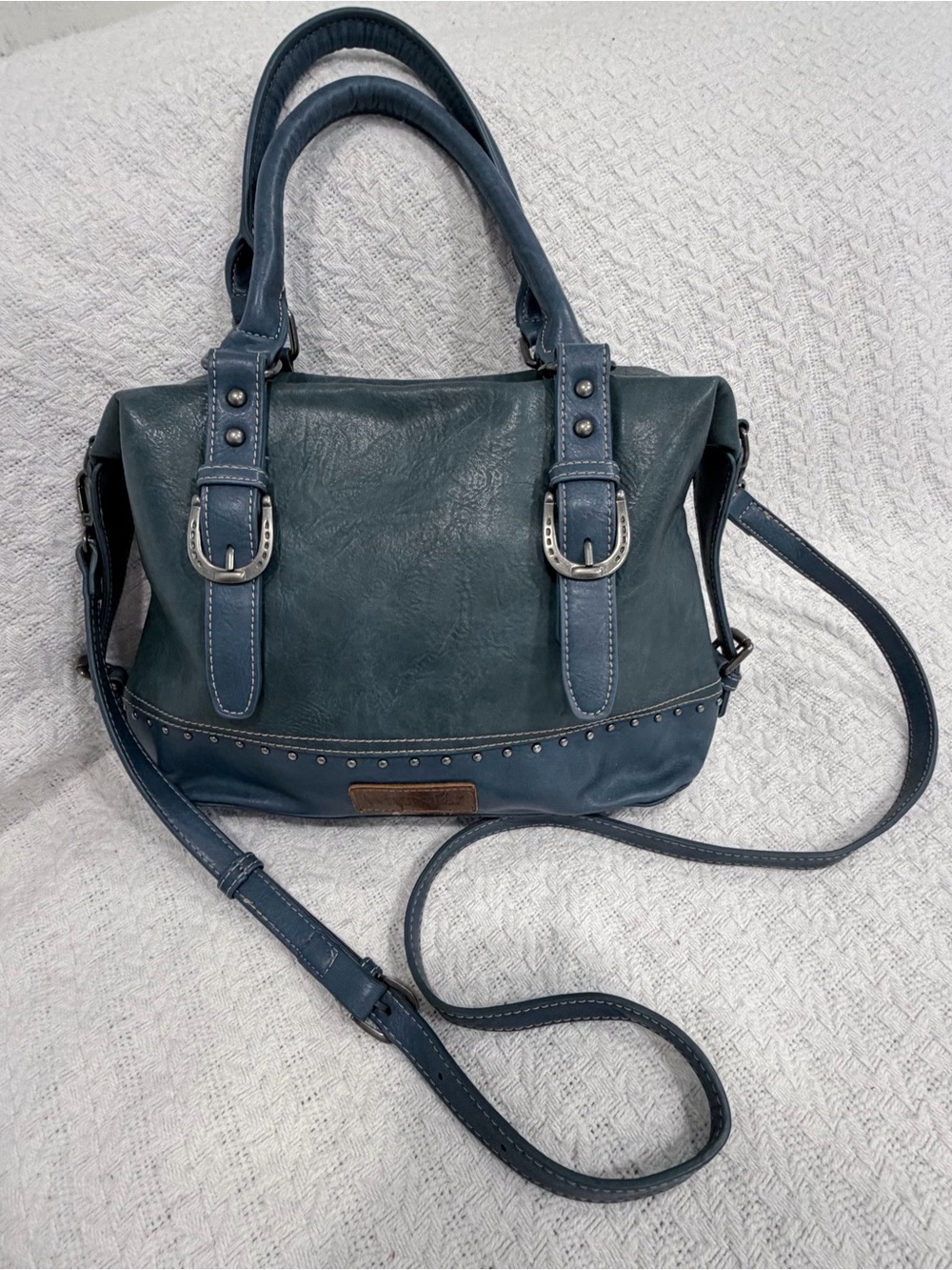 Wrangler Blue Western Satchel Crossbody Purse – Studded Buckle Detail